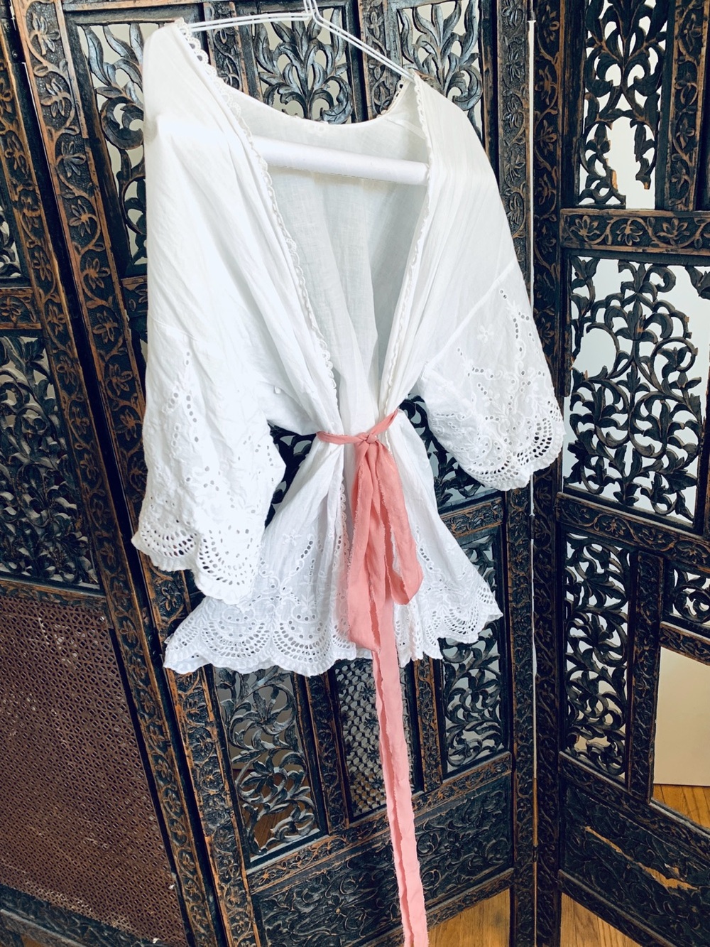 Gorgeous antique white cotton coverall with prettiest pink raw silk long ribbon🎀